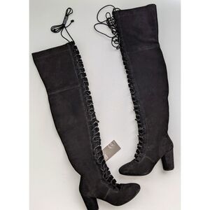 H&M PREMIUM QUALITY Black Thigh-high suede boots with front open lacing Size 5.5